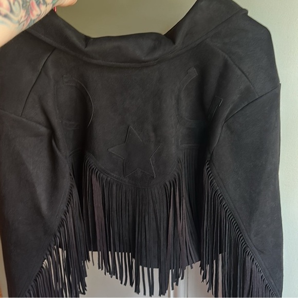 Unique Vintage 70s Faux Suede Fringe Cattle Call Crop Jacket Black Sz 1X/16 - Picture 9 of 9